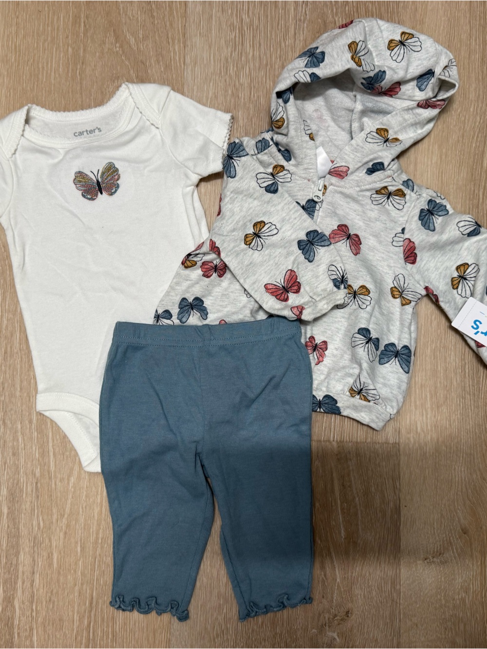 Carter's White Butterfly Bodysuit with Blue Pants and Printed Hooded Jacket